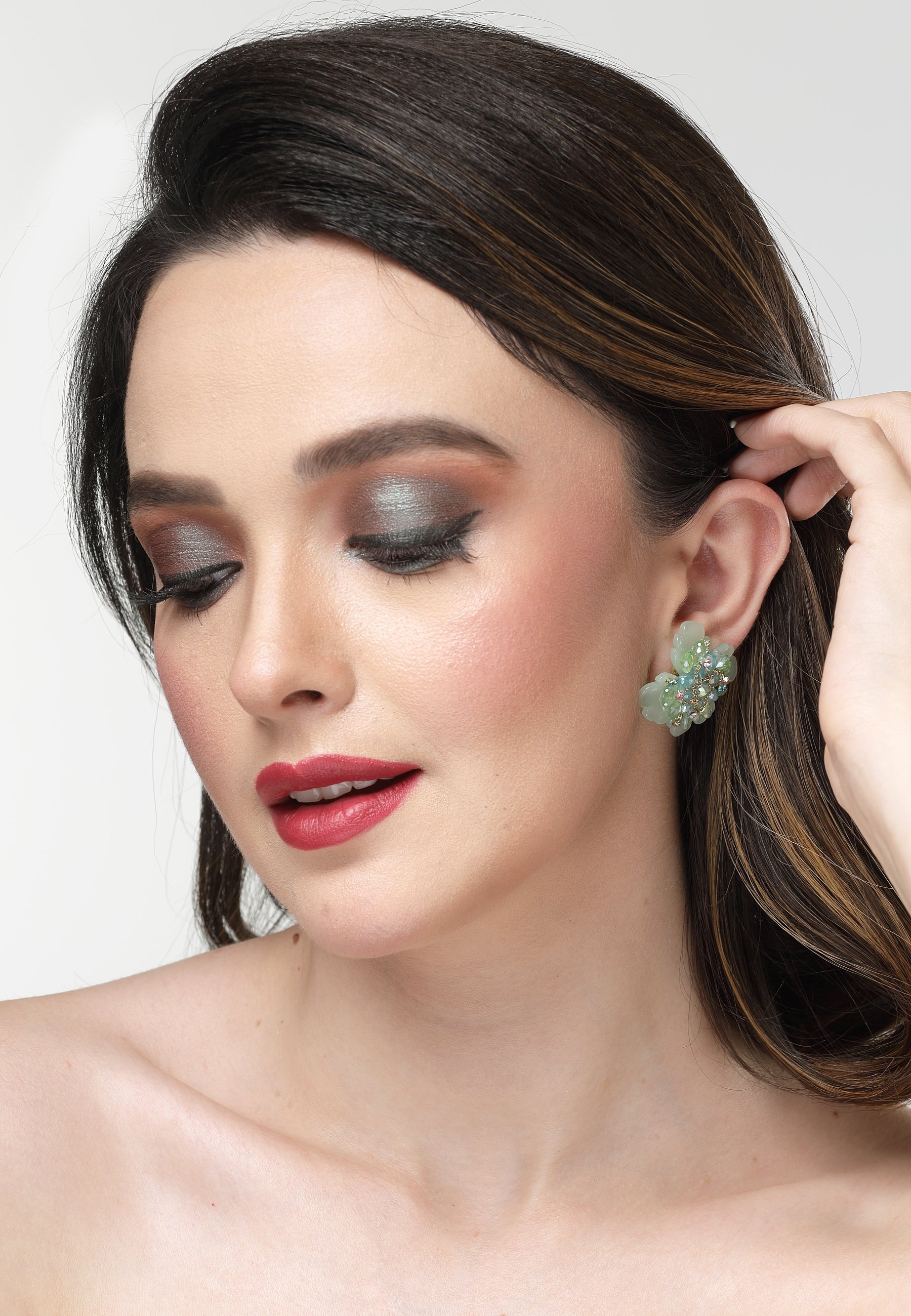 Green Petal Floral Earrings With Delicate Stone Accents