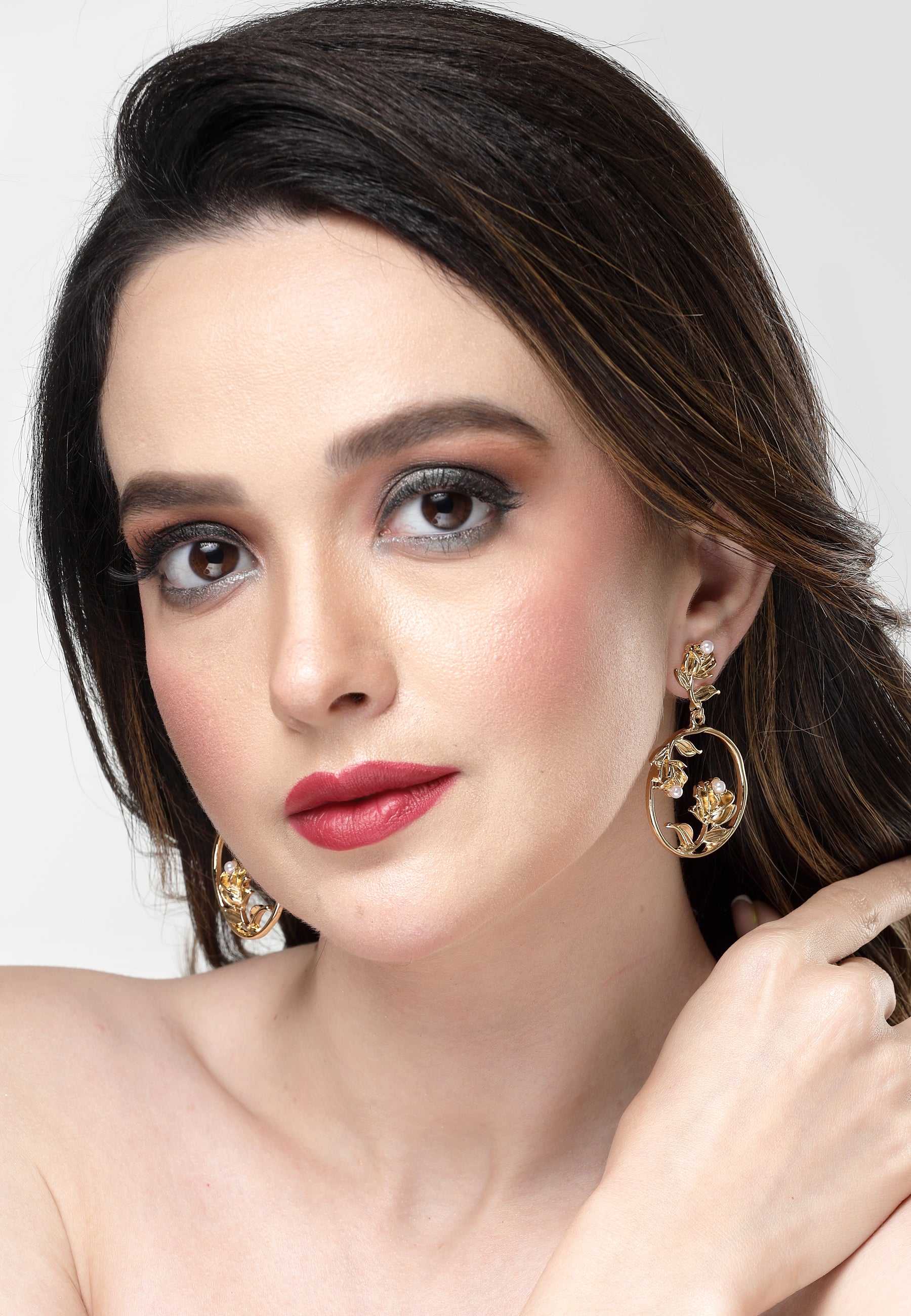 Gold-Coloured Hoop Earrings With Delicate Rose Detail