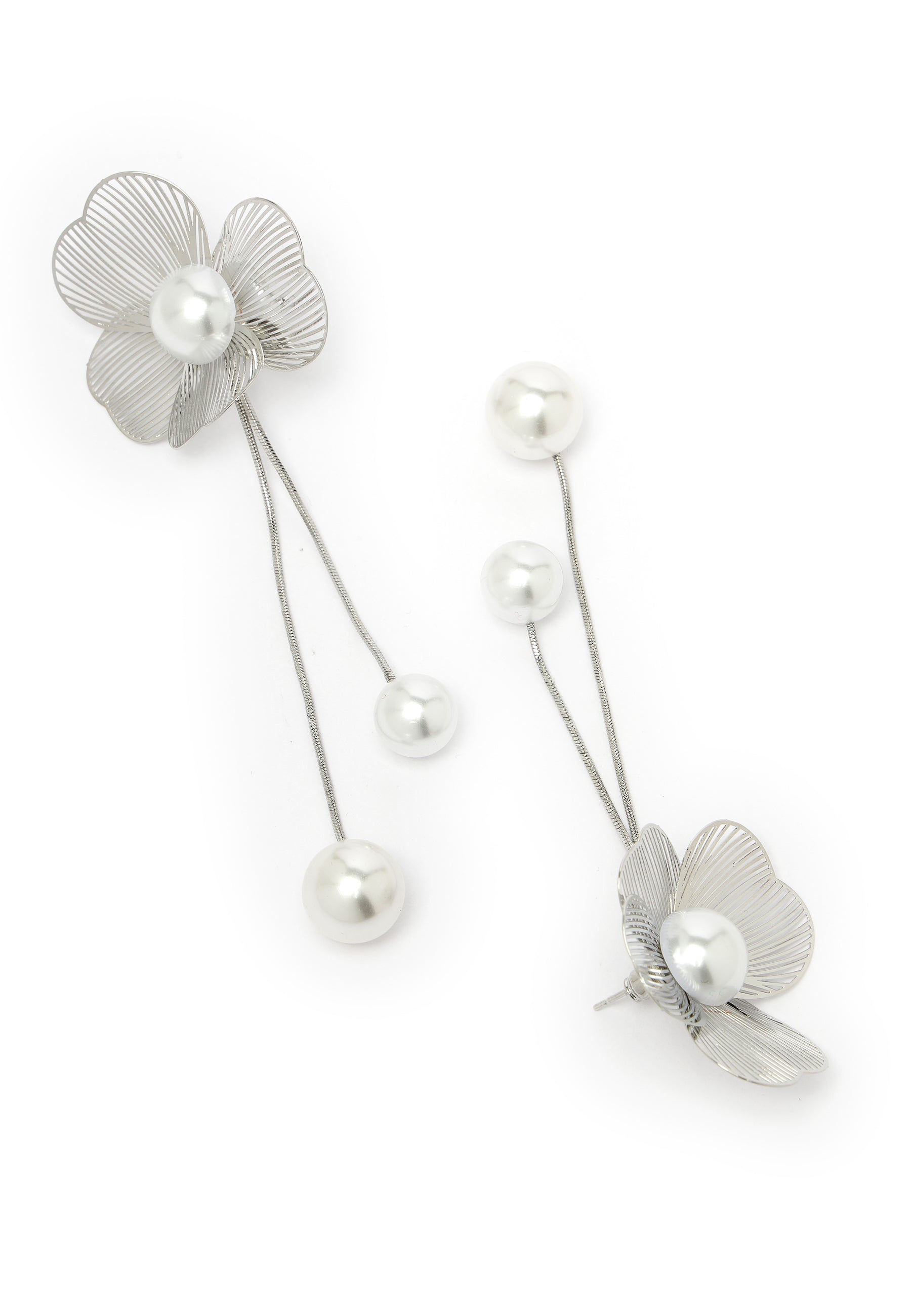 Floral Silver-Coloured Pearl Drop Earrings