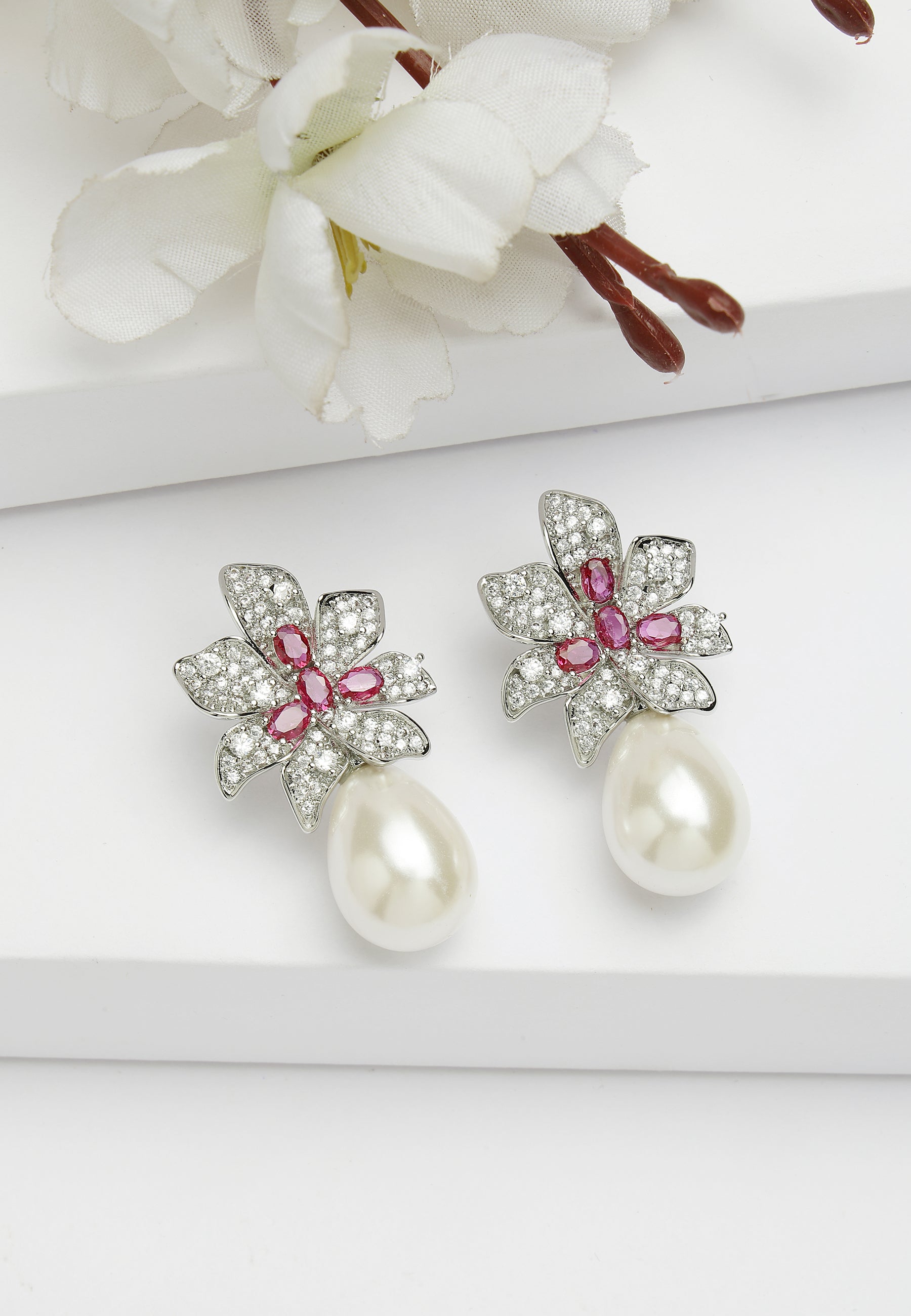 Floral Drop Earrings In Zirconia