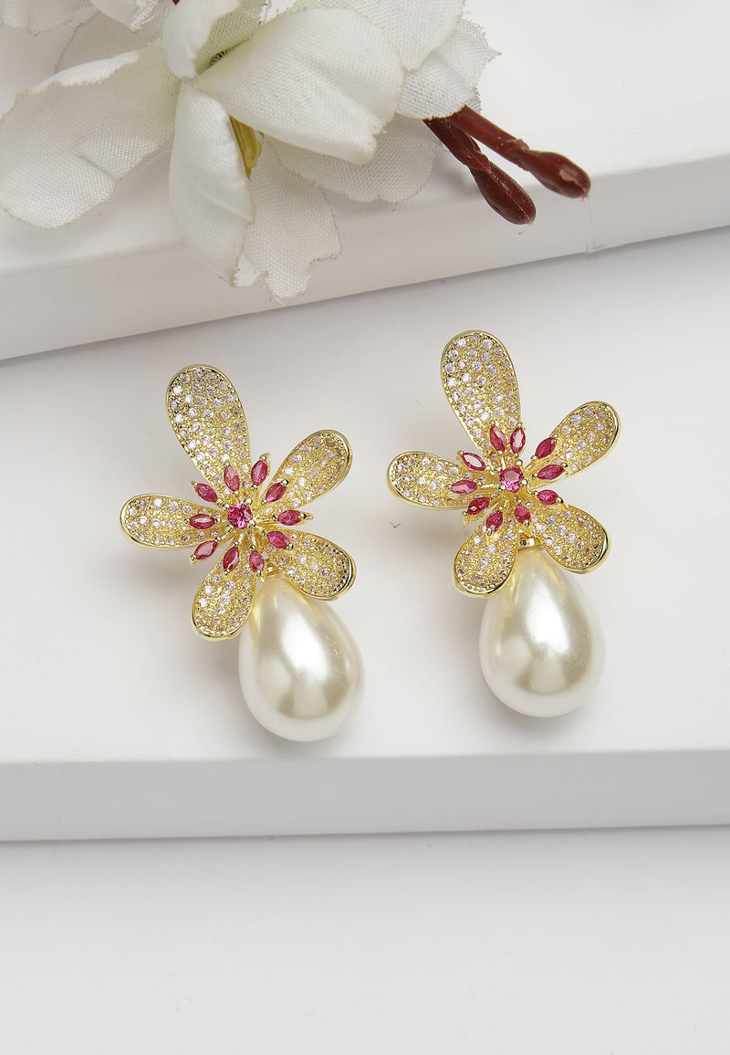 Sparkling Floral Stud Earrings With Pearl Drop