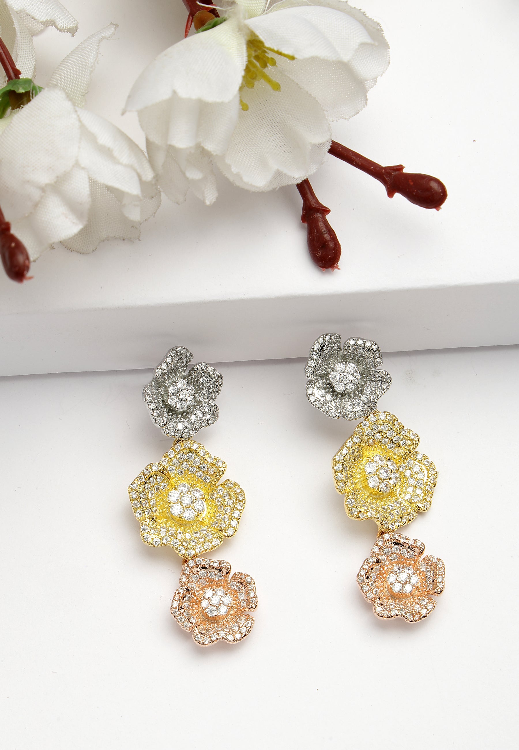 Triple Bloom Zirconia Dangle Earrings