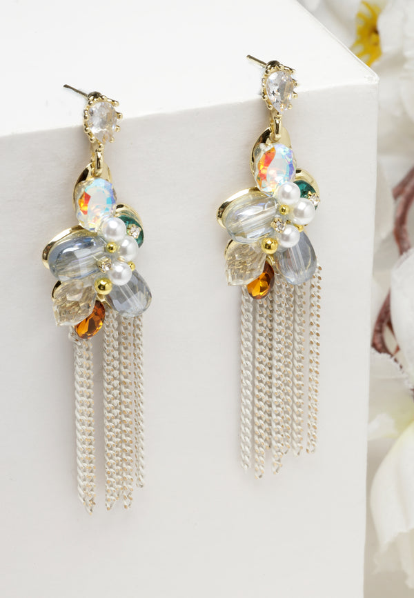 Multi-Colored Crystal Long Chain Dangler Earrings