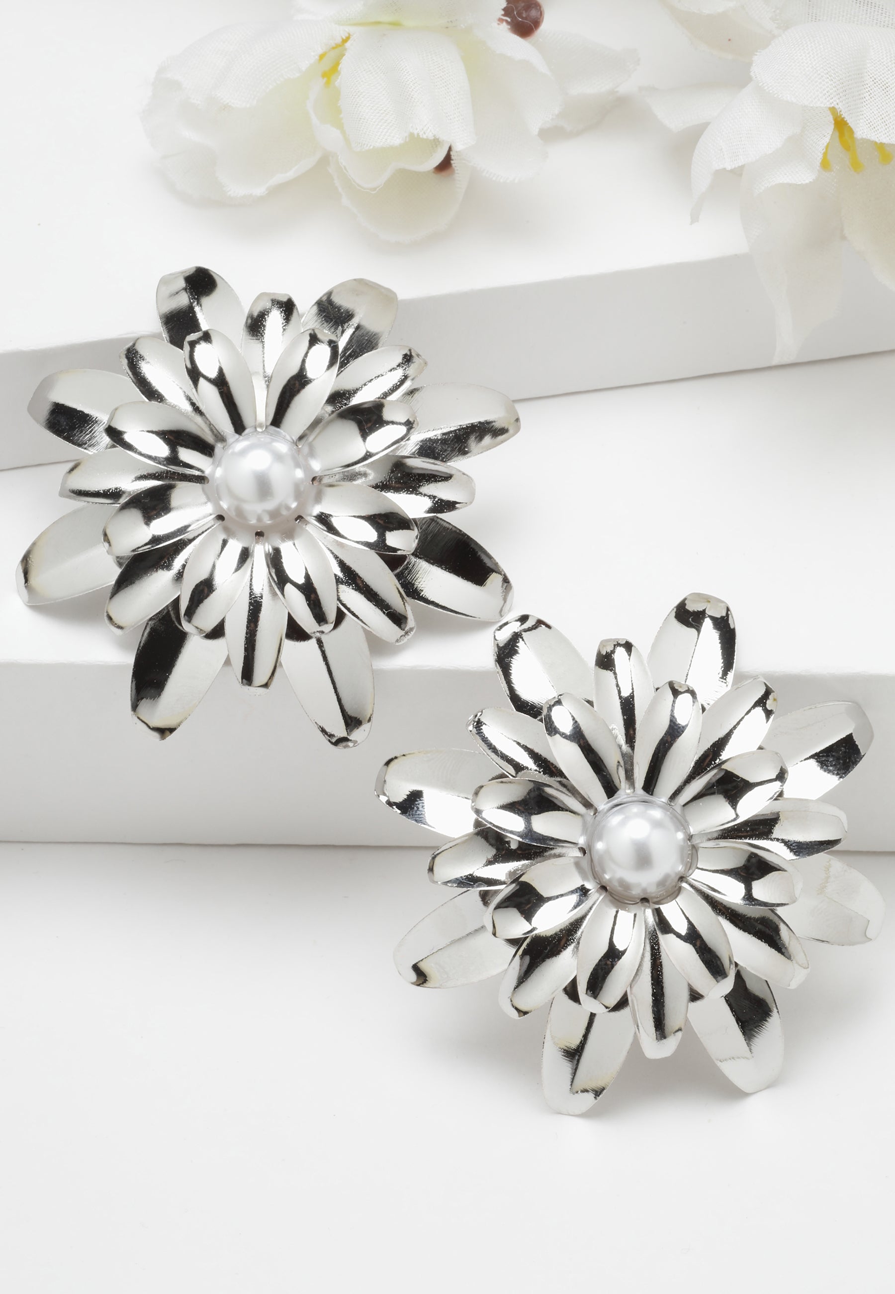 Silver-Colored Floral Stud Earrings