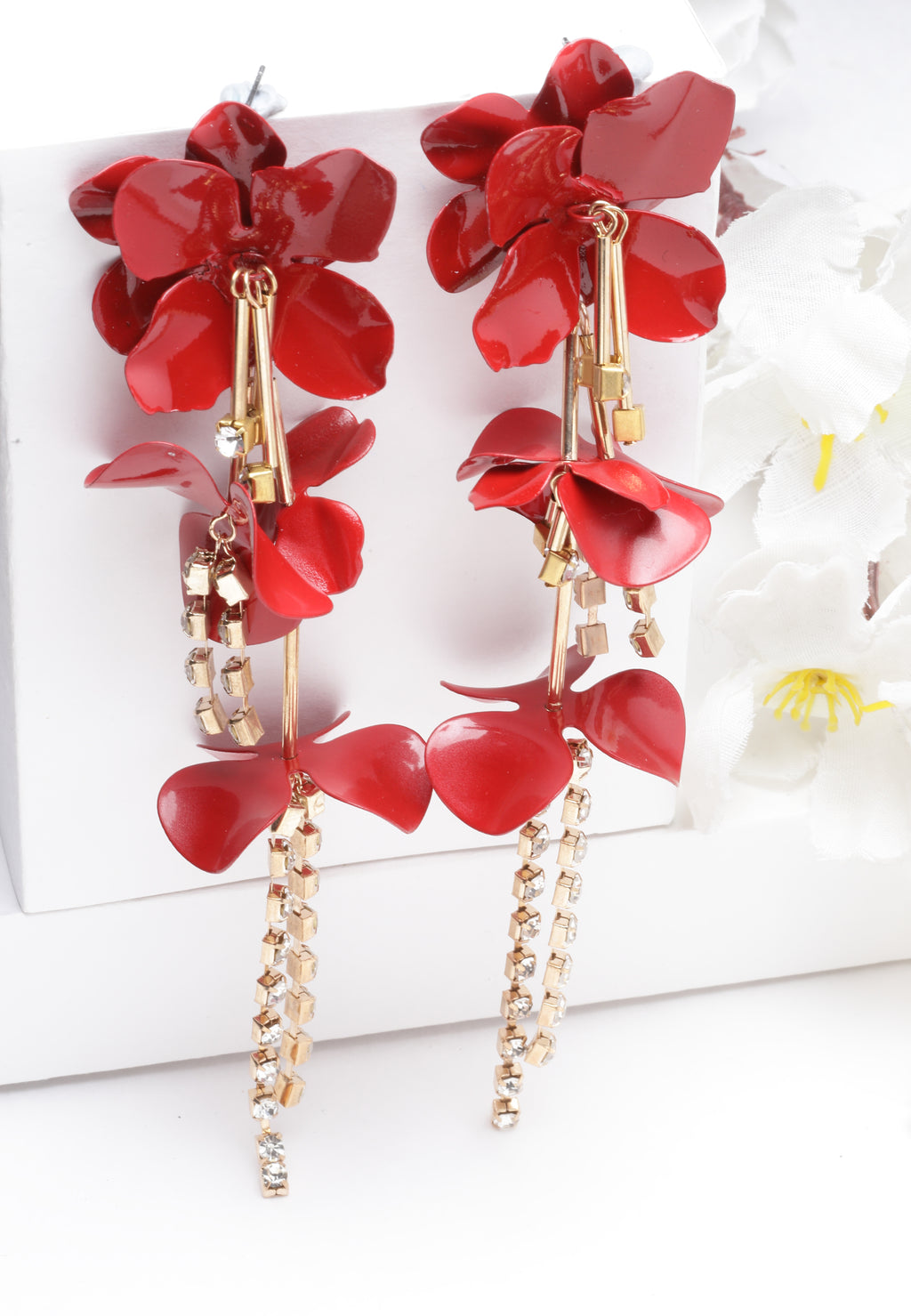 Lange rode bloemen oorbellen