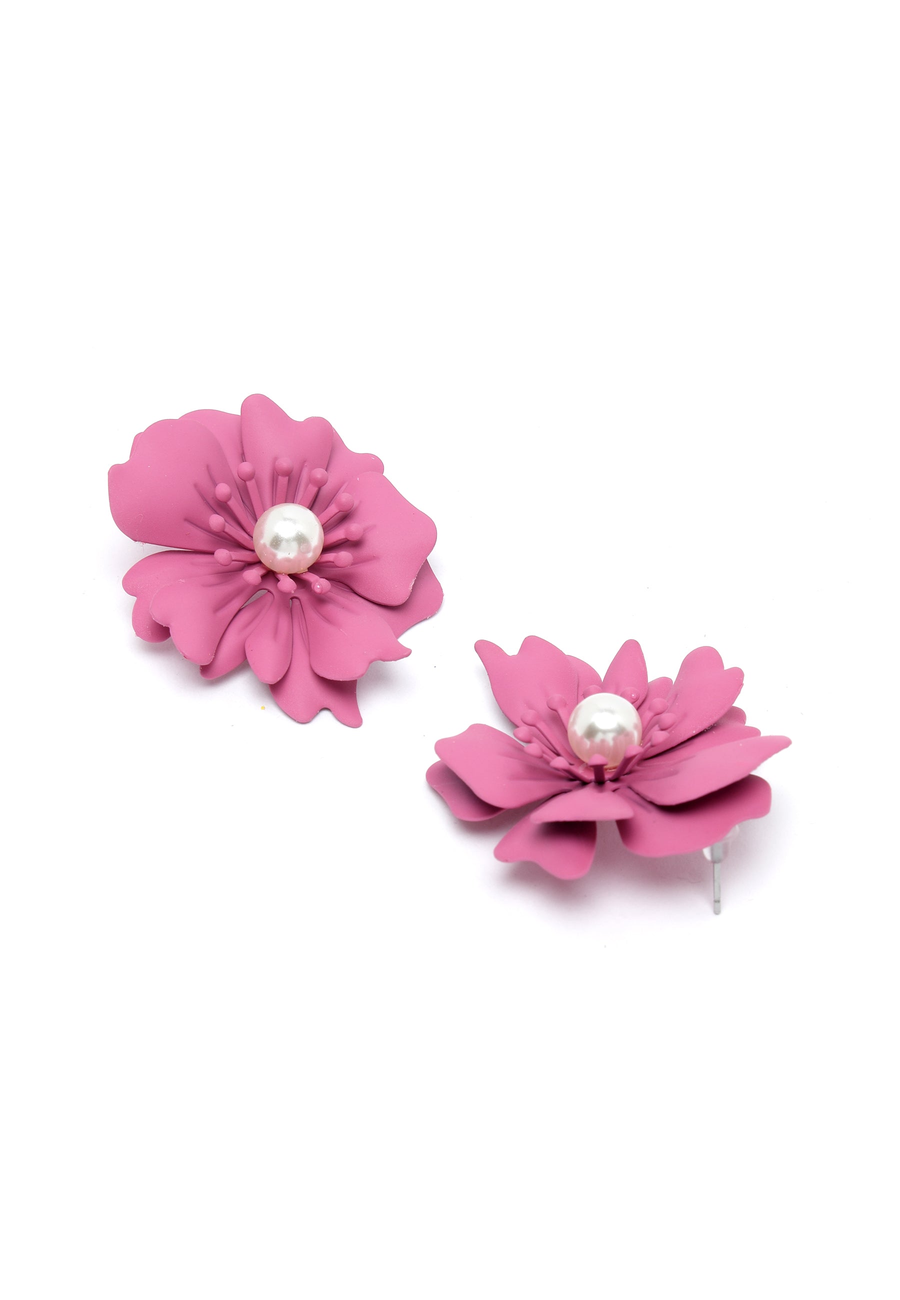 Floral Pearl Stud Earrings In Dark Pink