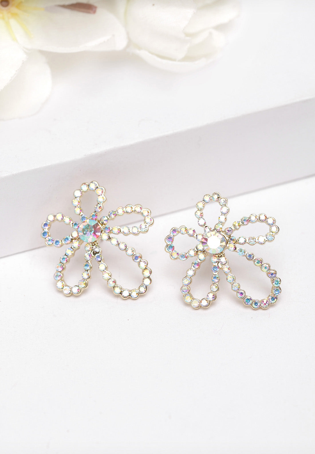 White Floral Crystal Stud Earrings