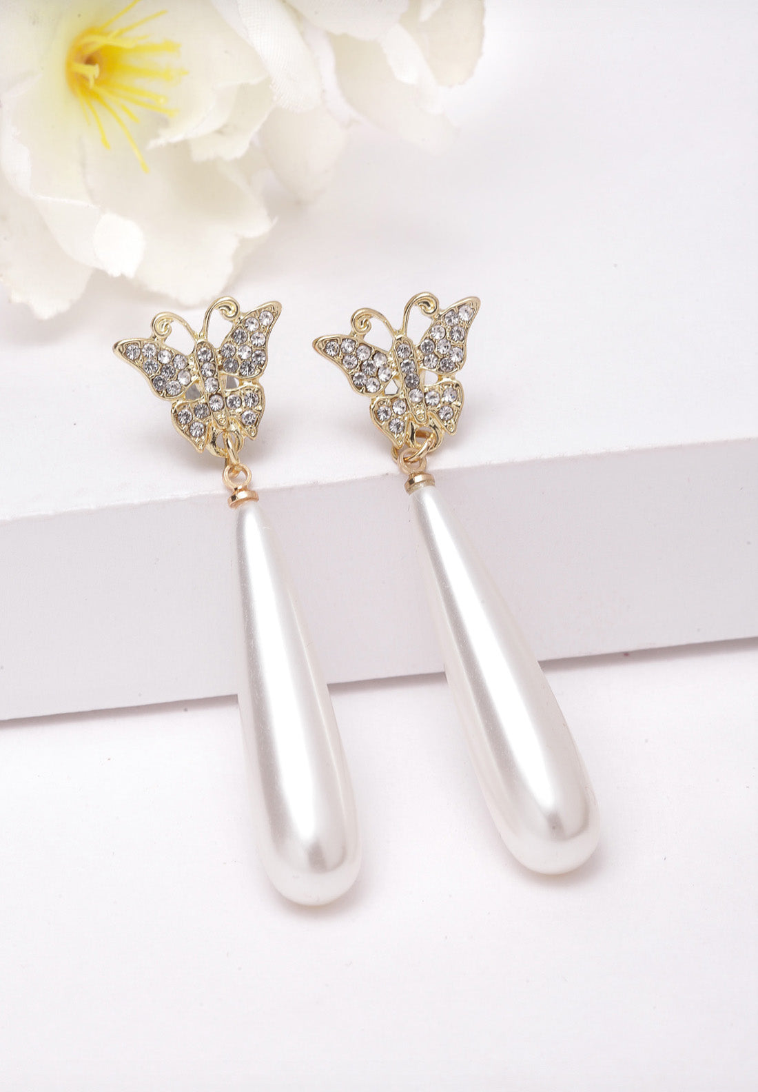 Silver Butterfly Pearl Crystal Earrings