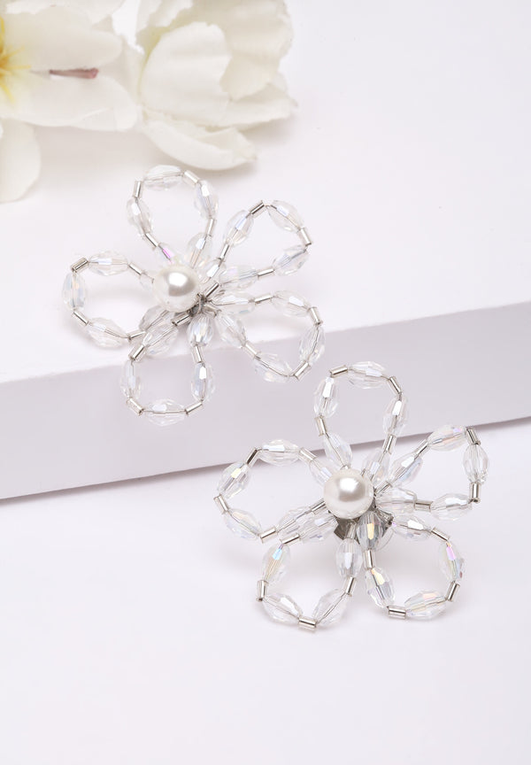 Aretes de cristal floral blanco